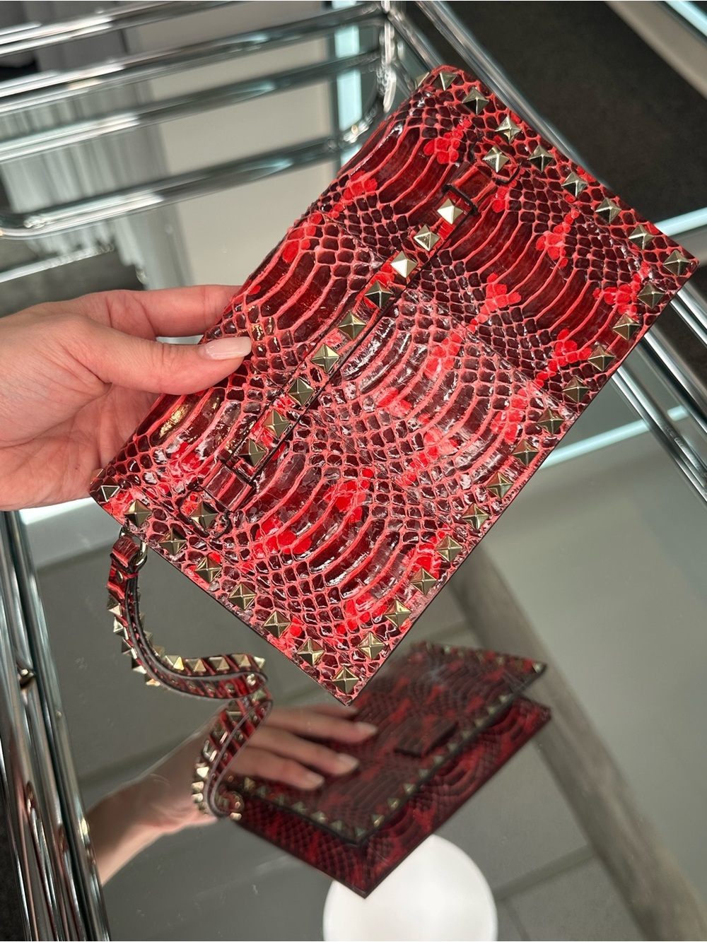 Valentino Garavani Red Snakeskin Rockstud Limited Edition Clutch Wristlet